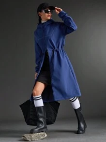 SHEIN Sports Women Solid Color Long Sleeve Drawstring Waist Long Casual Hooded Sports Jacket - Navy Blue - View 7