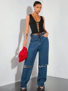 SHEIN BAE 女士纯色前系带无袖休闲上衣 - 黑色 - 查看 3