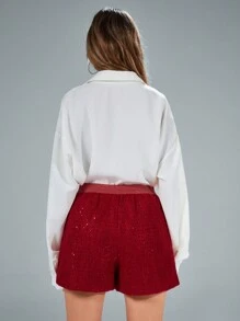 GENKIRA Quần short ống rộng cạp cao co giãn dày dặn thêu kim tuyến sang trọng kiểu Pháp mới dành cho nữ Quần áo dự tiệc ngày lễ - Đỏ - Xem 2