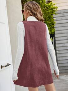 SHEIN Frenchy Women V-Neck Sleeveless Minimalist Corduroy Short Dress, Casual For Everyday Wear - Dusty Pink - View 2