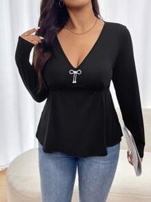 SHEIN Frenchy Plus Size Casual Solid Color Rhinestone Bow Decoration Long Sleeve T-Shirt, Autumn/Winter - Black - View 5