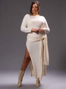 MUSERA Plus Size Fall Side Tie Long Sleeve Knit Maxi Dress Outfit For Break, Casual,  Cool , Holiday Autumn Winter Fall Thanksgiving  New Year