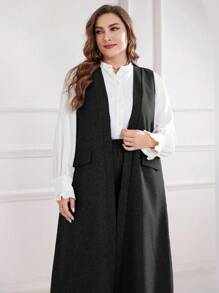 Modelyn 2 件大码休闲无袖长上衣和阔腿裤套装，秋季，优雅长款经典穆斯林时尚套装，适合商务/会议/晚会活动的办公室工作服 - 黑色 - 查看 5