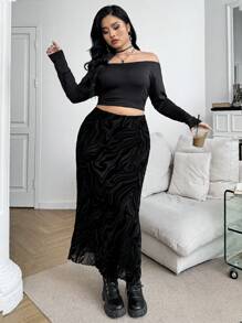 SHEIN EZwear 1 pièce Jupe évasée à motif en maille floquée doublée pour femme grande taille, noire, pour l'été