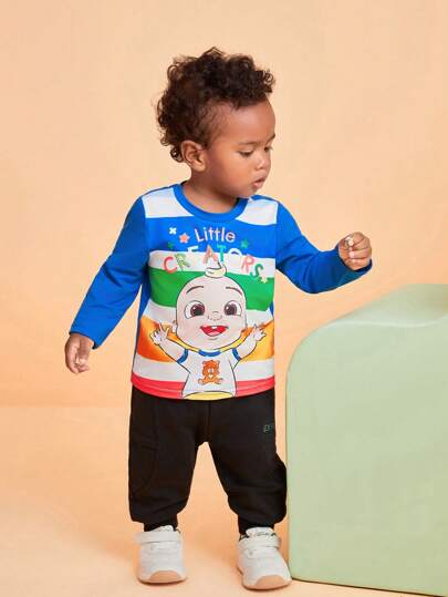 CoComelon X SHEIN Camiseta de manga larga con estampado de raya de color y patrón de dibujos animados para bebé niño, diseño deportivo casual para todas las estaciones