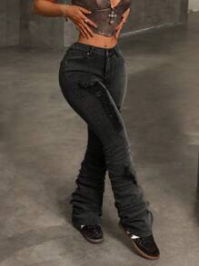 SHEIN ICON 女士休闲洗水破洞褶皱修身牛仔裤