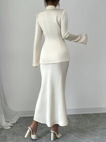 Elenzga 1 Set Solid Color Single Button Long Sleeve Blazer And A-Line Skirt Elegant Suit