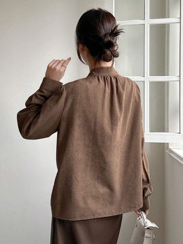 Solid Color Loose Flared Collar Long Sleeve Shirt For Women,Fall Clothes