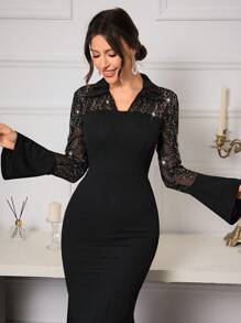 Modelyn Đầm dạ hội dài tay loe midi chữ A lưới sequin thanh lịch mùa thu cho nữ - màu đen - Xem 5