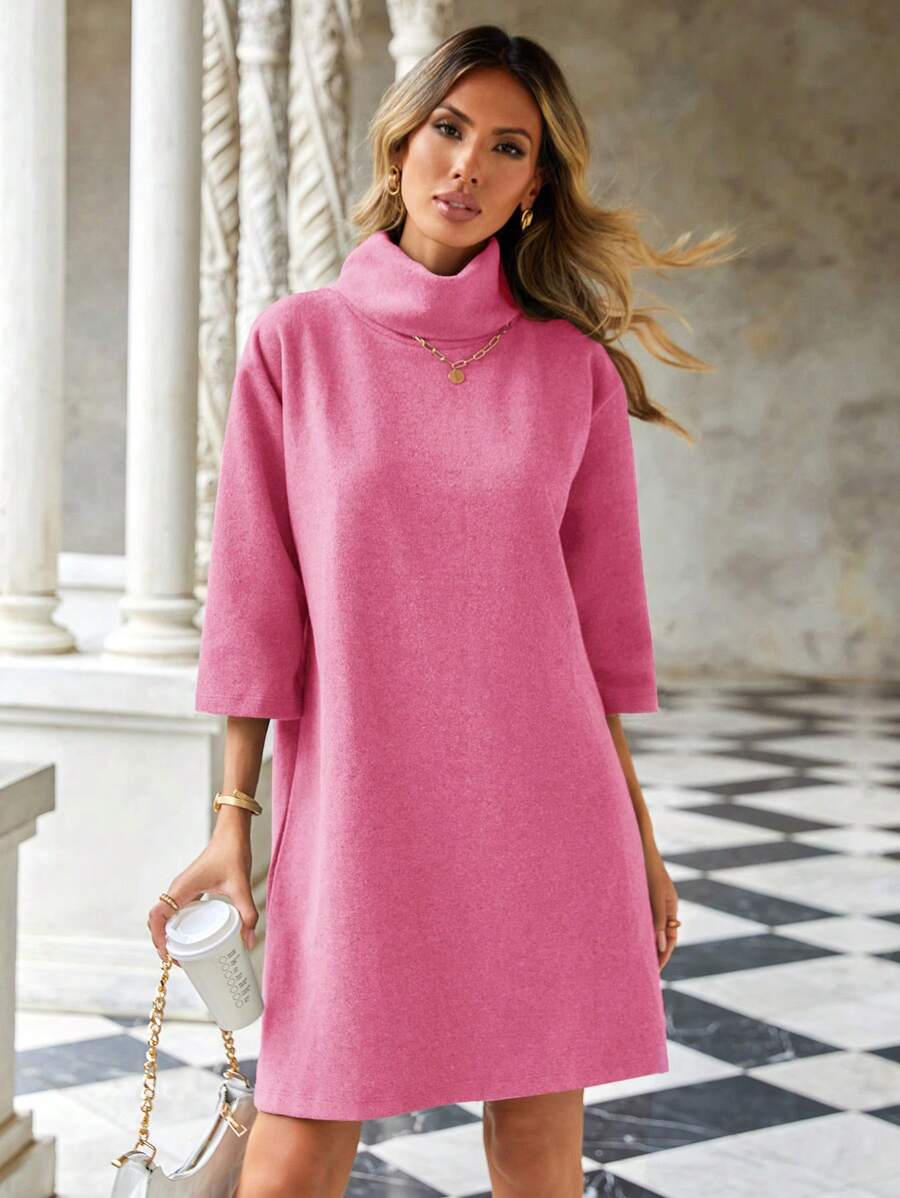 Vestido Tipo Jersey De Cuello Alto Liso Para Mujer - Rosa - Ver 1