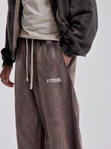 Musero Men Wide Leg Washed Style Sweatpants Elasticated Drawstring Waistband Graphic Patch Print Joggers Winter - Multicolor - View 4