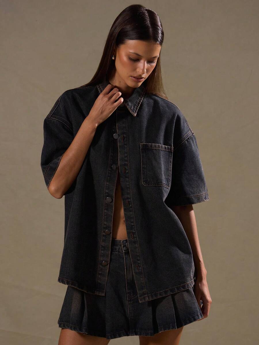 MUSERA Collared Button Up Denim Jacket Spring 90's Y2k Cute Sexy Muted Haze Ibiza Concert Streetwear Office Work Back To School Fall Autumn Winter Everyday Chic Summer - Brown - View 1