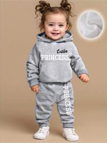 2 件装女婴时尚字母印花休闲加厚连帽衫和裤子套装，秋冬 - 灰色 - 查看 1