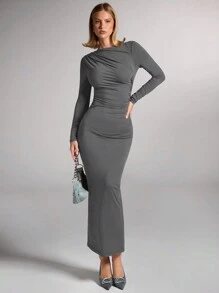 SHEIN BAE Women Fall/Winter Elegant Brown Ruched Four-Sided Stretch Knit Fitted Long Sleeve Dress - Dark Grey - View 3