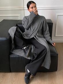 DAZY Váy len xẻ tà cổ lọ màu trơn thường ngày cho nữ, dành cho mùa thu đông, quần áo mùa thu cho nữ - Xám - Xem 7