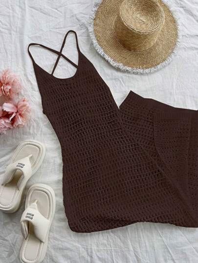 Lunelith SHEIN Lunessa Fashionable Hollow Out Sexy Tie-Up Backless Camisole Knit Dress