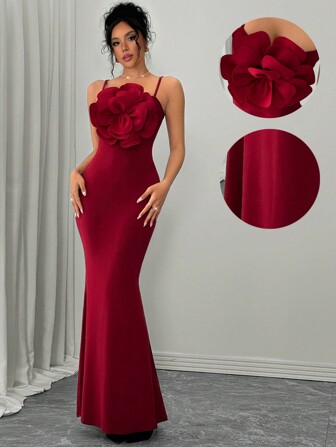 Rafferiza Fashion Versatile Date Party 3D Floral Red Bodycon Fishtail Knit Dress For Women, Autumn/Winter For New Year Clothes Maxi Women Outfit