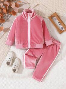 2pcs/Set Baby Girl Girls Velvet Casual Loose Solid Color Jacket And Pants Sports Suit - Pink - View 10