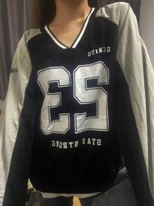 SHEIN EZwear 1pc Women Letter Print Contrast Color V-Neck Pullover Sweatshirt