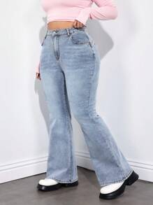 SHEIN ICON Plus Size Casual Washed Fitted Flare Leg Jeans - Blue - View 5
