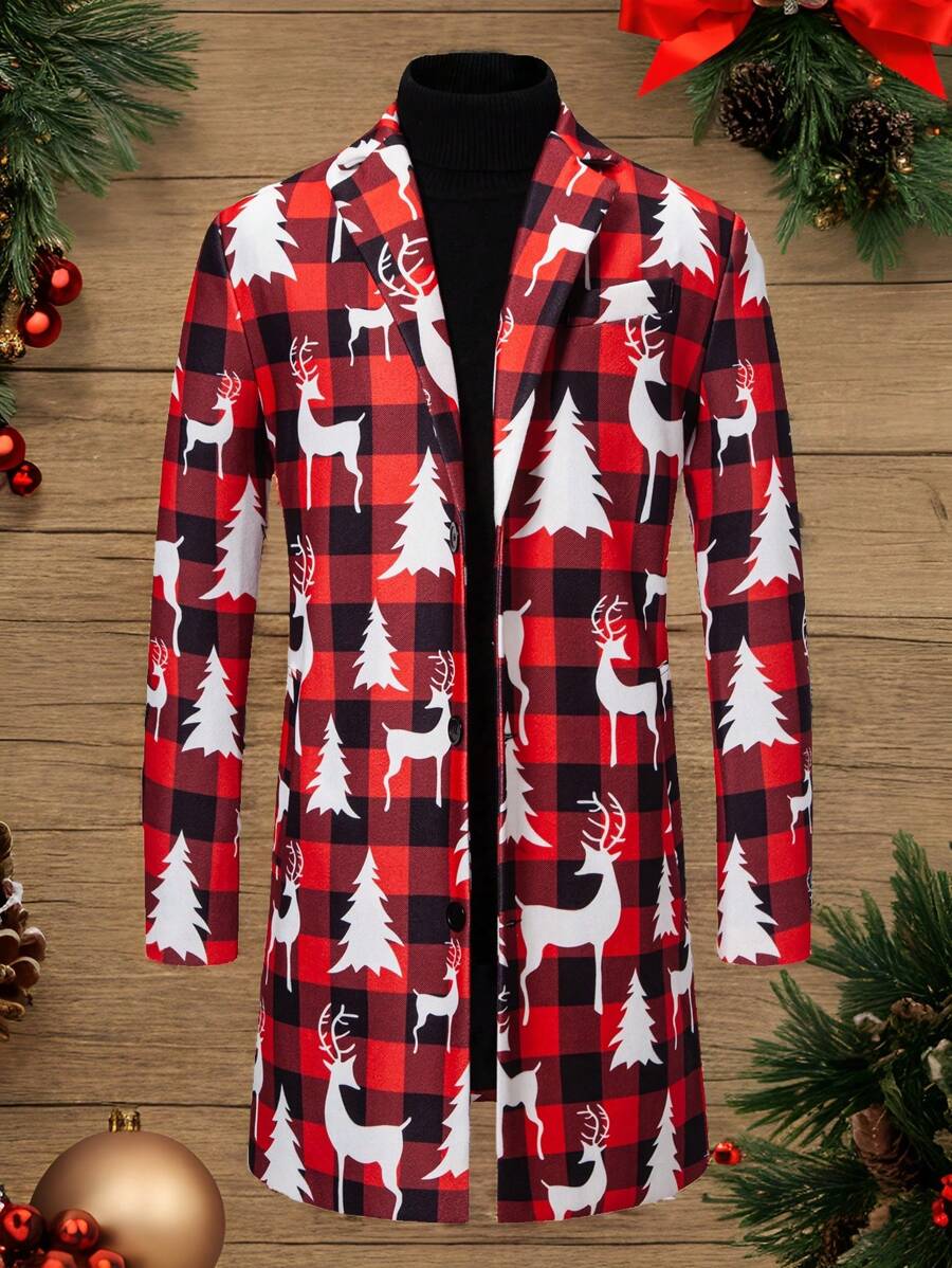 Manfinity Homme Abrigo largo de lana con estampado a cuadros y de ciervos de manga larga informal para hombres, abrigo de lana de largo medio con tema navideño a cuadros rojos y negros para otoño/invierno, ropa de otoño para hombres, abrigo tipo trinchera para hombres