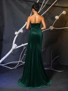 Glamrae Vestido elegante de terciopelo con patchwork, incrustado con lentejuelas y rhinestones, con forro entallado y abertura alta en la falda de sirena, brillante para el baile de graduación, boda y eventos formales, vestido para invitados de boda, vestido de fiesta, vestido de noche - Verde Oscuro - Ver 2