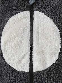 SHEIN Baby Boys' Colorblock Cartoon Cute 3D Ear Embroidery Plush Warm Hooded Romper, Autumn/Winter