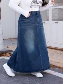 SHEIN EZwear Chân váy chữ A dài denim giặt cỡ lớn, thường ngày mùa thu/đông - Màu xanh lam - Xem 6