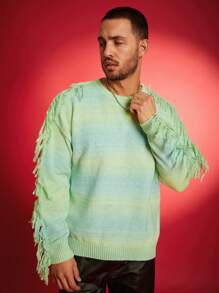 Manfinity Homme Men Gradient Color Colorful Splice Fringe Crew Neck Long Sleeve Casual Fashion Cable Knit Sweater, For Autumn/Winter, Party, Friends - Multicolor - View 4