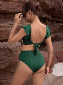 SHEIN Pregnant Women Solid Color V-Neck Twist Design Split Bikini Set, Summer Beach - Green - View 2