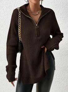SHEIN Frenchy Half Zip Ribbed Knit Drop Shoulder Split Hem Grain Sweater - Chocolate Brown - View 1