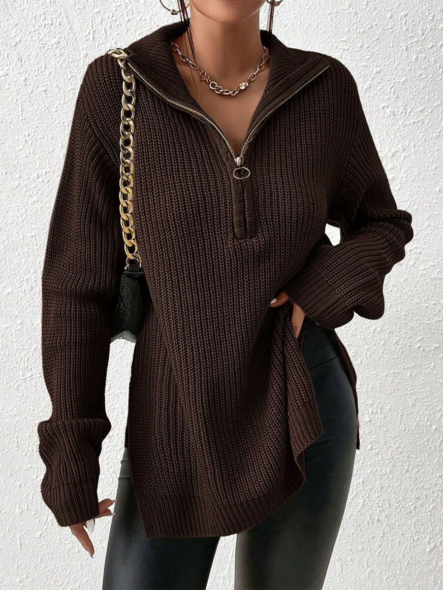 SHEIN Frenchy Half Zip Ribbed Knit Drop Shoulder Split Hem Grain Sweater - Chocolate Brown - View 1