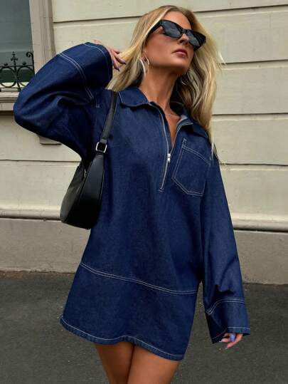 Forever 21 Ny höst/vinter lös krage med halv dragkedja långärmad jeanstvätt Casual miniklänning