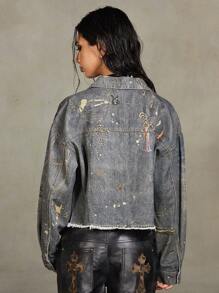 ROMWE Grunge Punk Metal Chain Doll Pendant Digital Print Stylish Street Unisex Oversized Denim Jacket - Blue - View 2