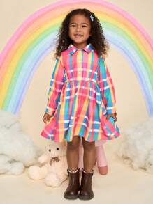SHEIN Young Girl Woven Plaid Collared Ruffle Hem Loose Casual Dress