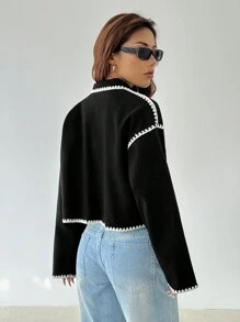 SHEIN PETITE Contrast Binding Cropped Overcoat For Autumn & Winter - Black - View 2