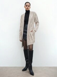 Maija Urban Elegant Casual Outdoor Retro Women Camel Color Cable Long Knit Cardigan, Autumn/Winter New Arrival