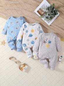 SHEIN 3pcs/Set Baby & Toddler Boys Casual Space Print Long Sleeve Long Romper Jumpsuit Pajama Set