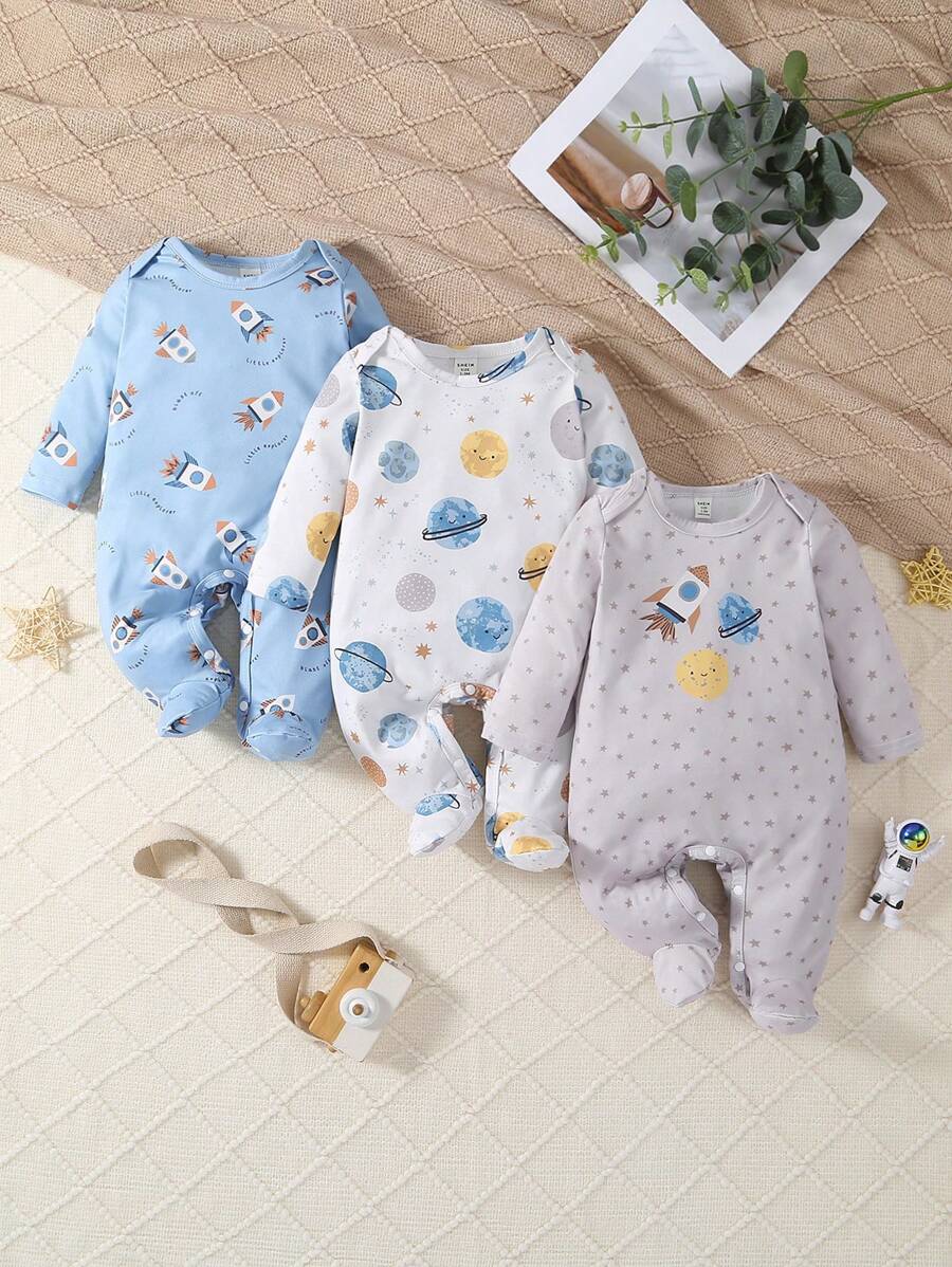 SHEIN 3 件套 婴幼儿男孩休闲太空印花长袖长款连体衣睡衣套装 - 彩色 - 查看 1