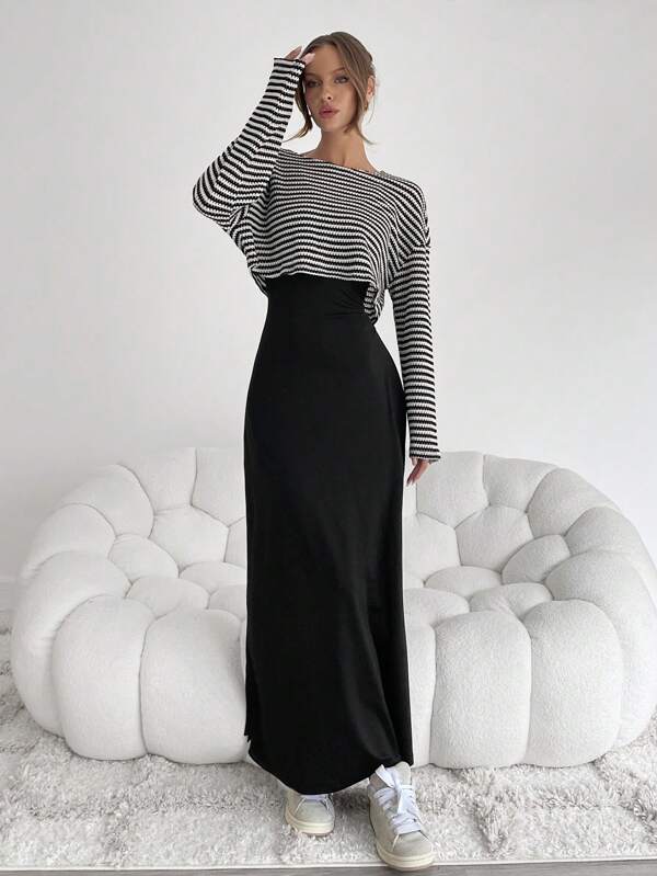Siren Gaze Two Pieces Fall Outfits Knitted 2 Pieces/Set Women's Striped Printed Round Neck Long Sleeve Top And Black Sleeveless Dress