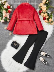 SHEIN Tween Girl Christmas Casual Versatile Mid-Length Warm Flannel Long Sleeve Coat With Belt & Flare Pants, Suitable For Autumn/Winter, Suitable For School, Vacation, For Gift