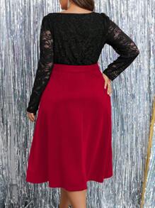 SHEIN Clasi Vestido largo de fiesta de línea A con estética ajustada, de manga larga, cuello cuadrado y encaje para mujeres de talla grande, para otoño/invierno
