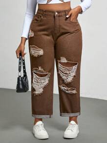 SHEIN EZwear Jeans casuales de pierna recta, ajuste holgado, con bolsillos, para mujer talla grande