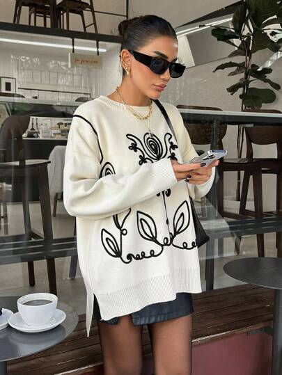 EURMUSE Women Crew Neck Long Sleeve Casual Embroidery Contrast Color Knit Pullover