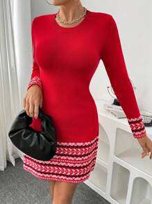 SHEIN Clasi Women Geometric Pattern Round Neck Long Sleeve Slim Fit Sweater Dress, Autumn/Winter For New Year Clothes Fall Cloth For Women - Red - View 3