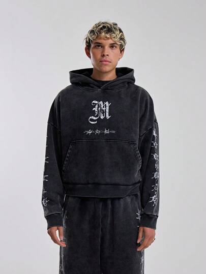 Musero Sudadera con capucha para hombres con lavado ácido y diseño de alambre de púas