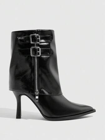 Cuccoo CUCCOO GRLICON Sexy Fashion Black Skinny Boots With Belt Buckle Decor, Pointed Toe High Heel Zipper Up Ankle Boots For Women For Christmas And New Year Holiday Valentines