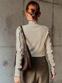 FRIFUL 女士休闲撞色滚边立领T恤，秋冬夏季长袖保暖内衬上衣