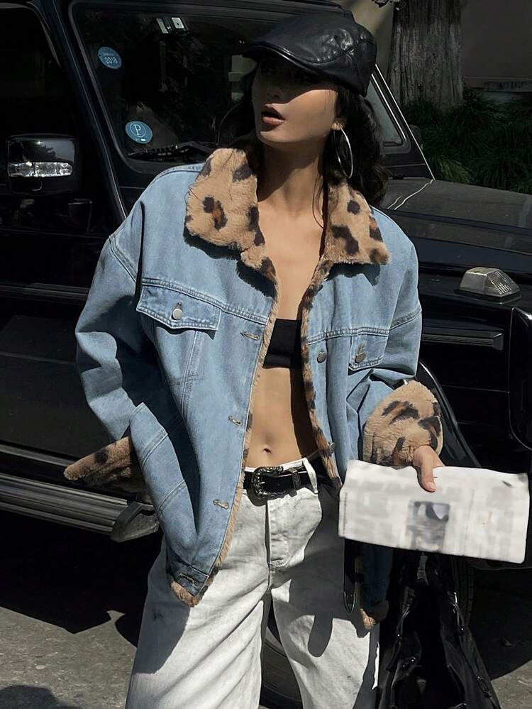 Women's Reversible Denim & Leopard Print Patchwork Thermal Lined Denim Jacket,Fall Women Clothes