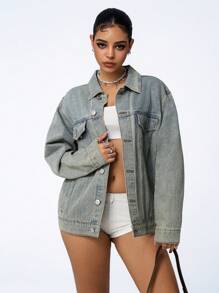 SHEIN ICON Chaqueta vaquera de manga larga con bolsillo y botones delanteros, de estilo sencillo y casual para mujer